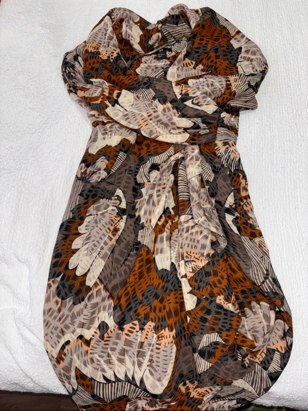 H&M Brown, Cream & Black Leaf-Print Tie-Waist Dress